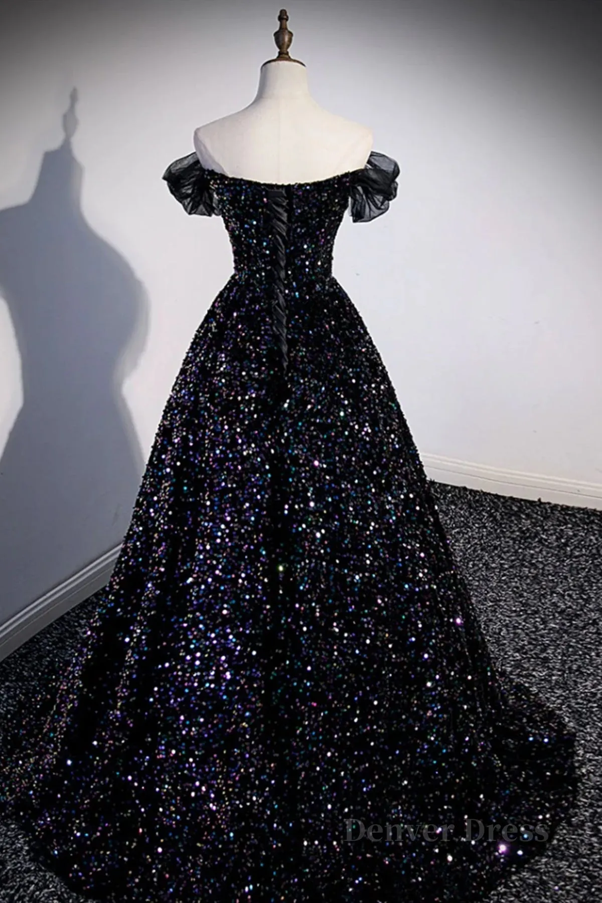 Off the Shoulder Black Sequin Prom Dresses Black Long Formal Evening Dresses