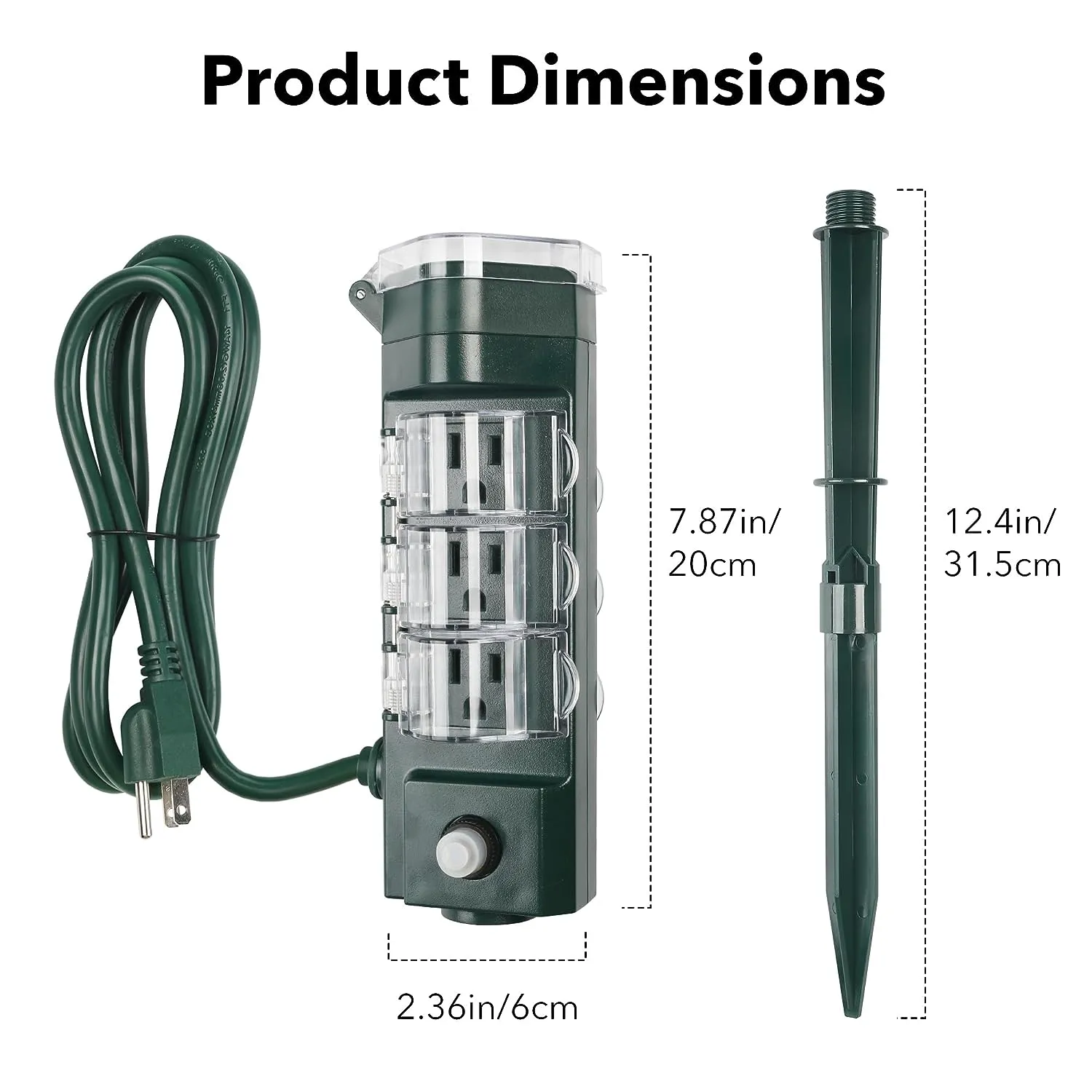 Outdoor Photocell Power Strip Yard Stake 6 Grounded Outlets Waterproof (2, 4, 6, 8 Hour) HBN