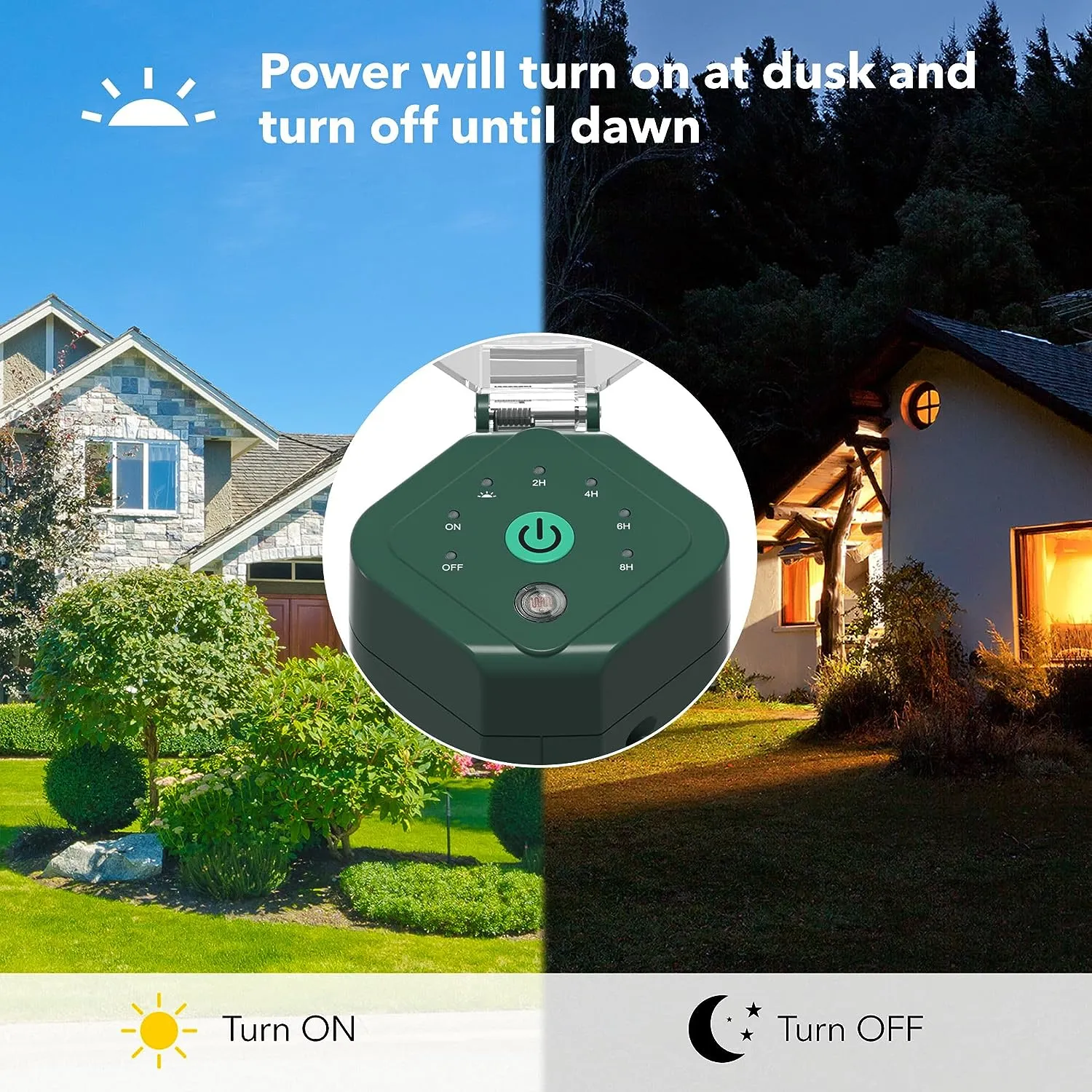 Outdoor Photocell Power Strip Yard Stake 6 Grounded Outlets Waterproof (2, 4, 6, 8 Hour) HBN