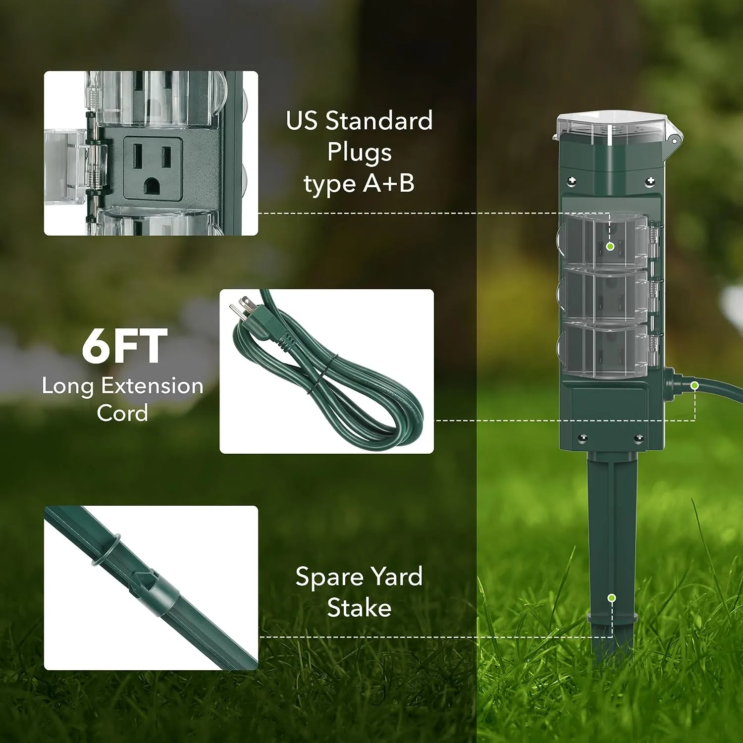 Outdoor Photocell Power Strip Yard Stake 6 Grounded Outlets Waterproof (2, 4, 6, 8 Hour) HBN