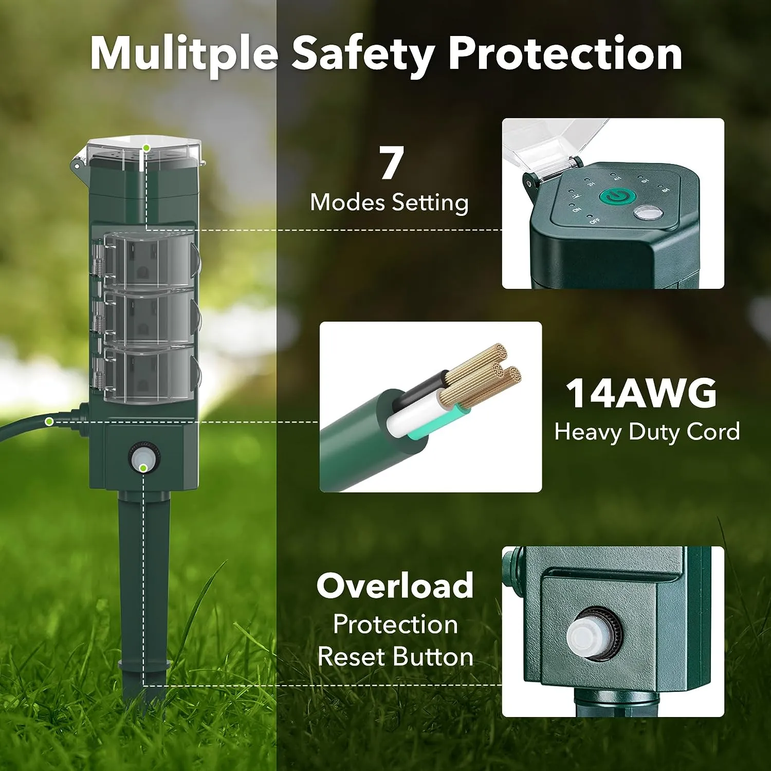 Outdoor Photocell Power Strip Yard Stake 6 Grounded Outlets Waterproof (2, 4, 6, 8 Hour) HBN