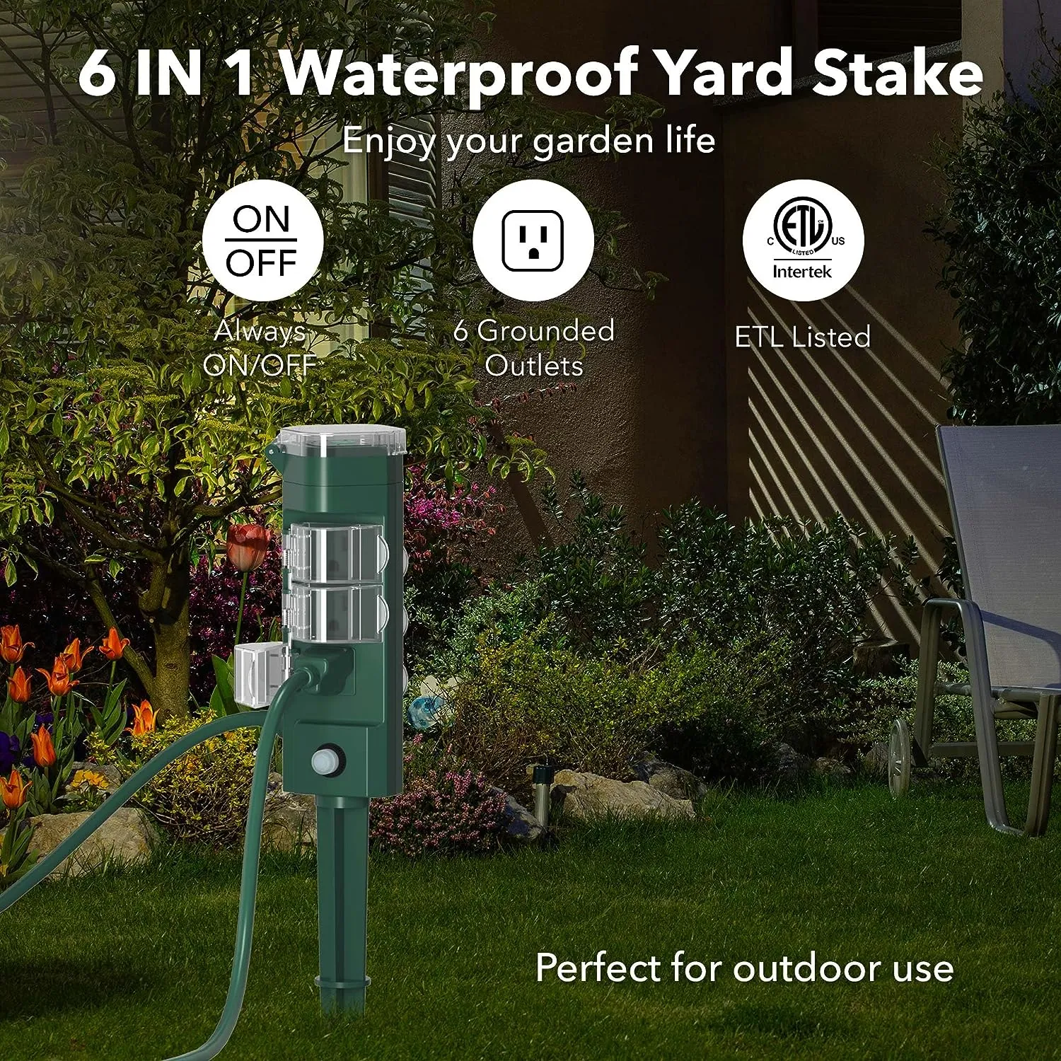 Outdoor Photocell Power Strip Yard Stake 6 Grounded Outlets Waterproof (2, 4, 6, 8 Hour) HBN