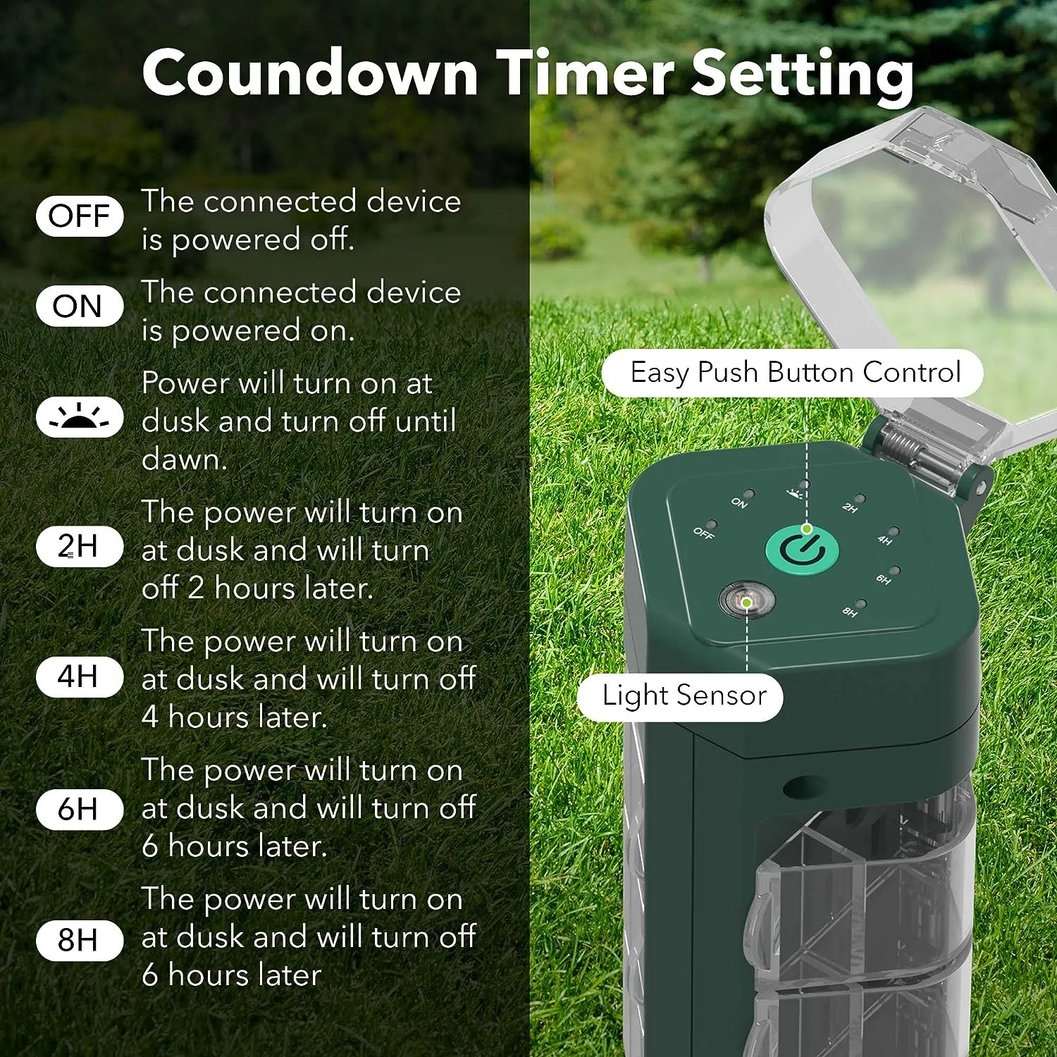 Outdoor Photocell Power Strip Yard Stake 6 Grounded Outlets Waterproof (2, 4, 6, 8 Hour) HBN