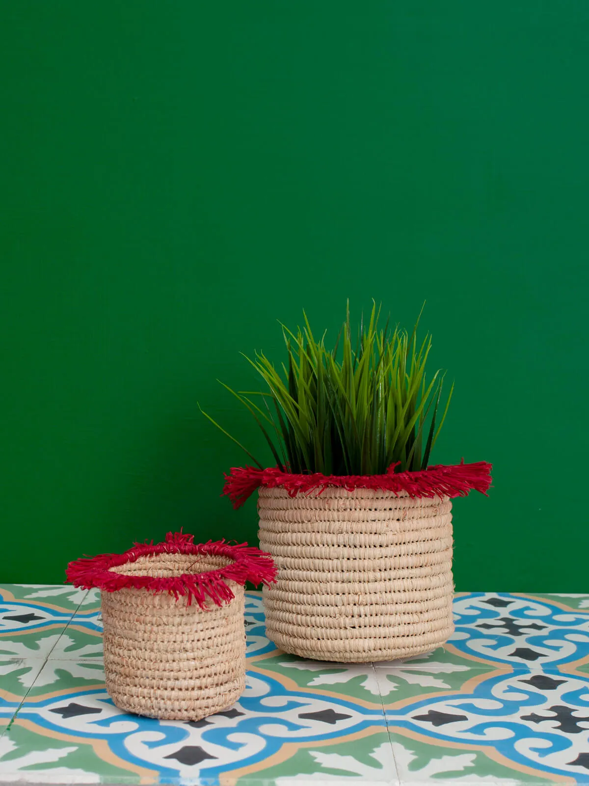 Raffia Tassel Storage Pots, Red