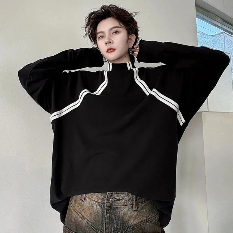 Ribbon Decoration Men's Tops Mock Neck Long Sleeve Contrast Color Simple Casual Male Pullover Trendy Autumn 9C3999