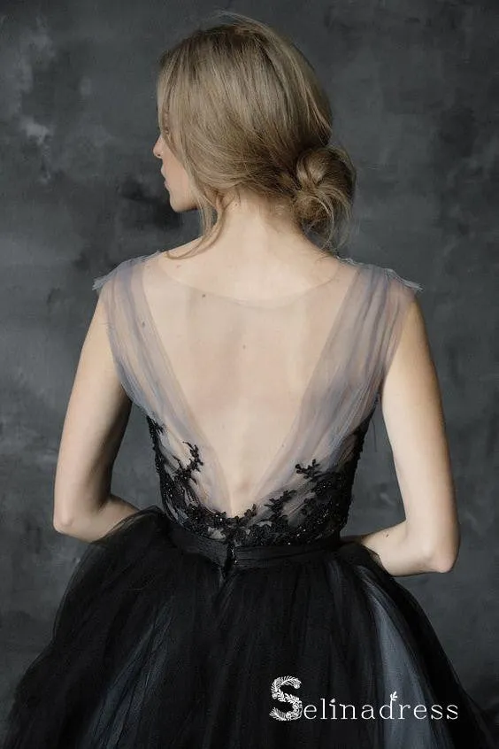Romantic Black Wedding Dresses Modest Long Train Lace Ombre Wedding Gown SEW030