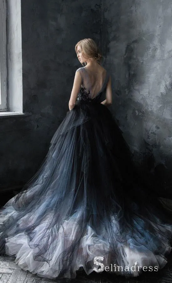Romantic Black Wedding Dresses Modest Long Train Lace Ombre Wedding Gown SEW030