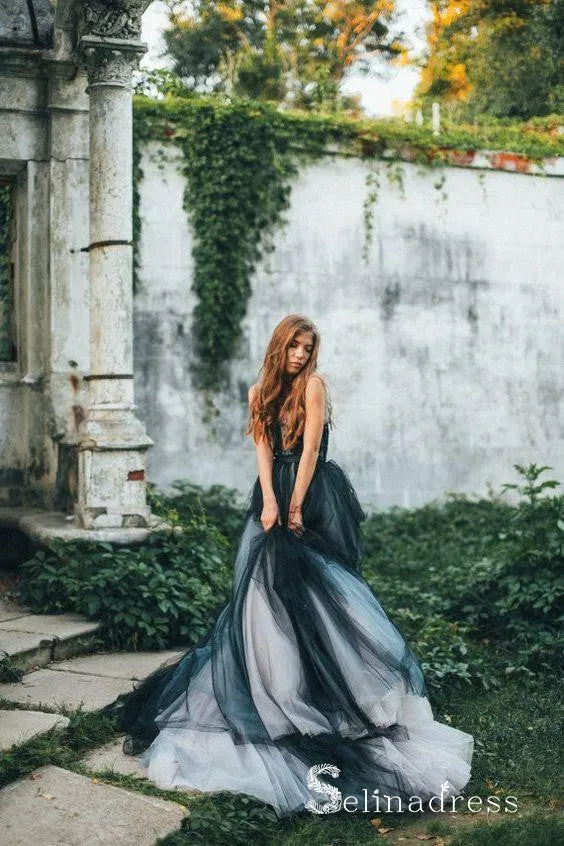 Romantic Black Wedding Dresses Modest Long Train Lace Ombre Wedding Gown SEW030