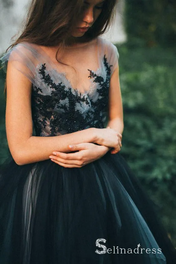 Romantic Black Wedding Dresses Modest Long Train Lace Ombre Wedding Gown SEW030