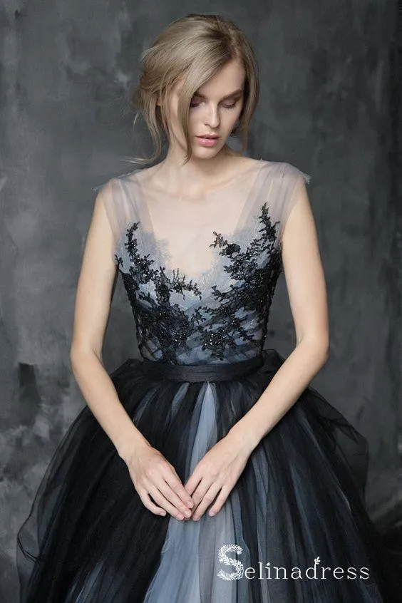 Romantic Black Wedding Dresses Modest Long Train Lace Ombre Wedding Gown SEW030