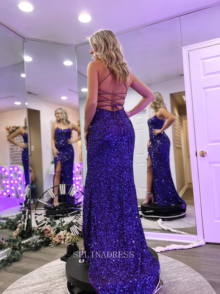 Sheath Spaghetti Straps Sparkly Long Formal Dress Royal Blue Sequins Prom Dresses KPY025
