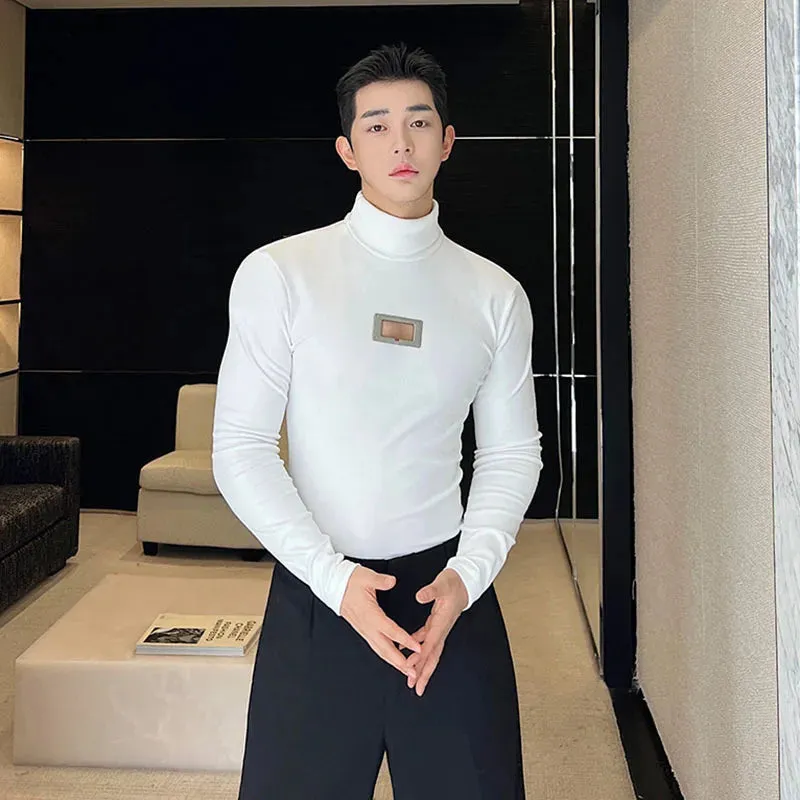 Simple Slim Men's Long Sleeve T-shirts Autumn Tight Metal Hollow Out Brushed High Collar Pullover Top Tide 9C3122