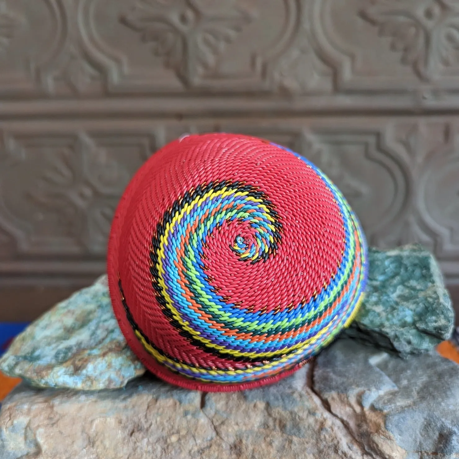 Small Triangle Zulu Wire-Wrapped Red Rainbow Basket GF-0070