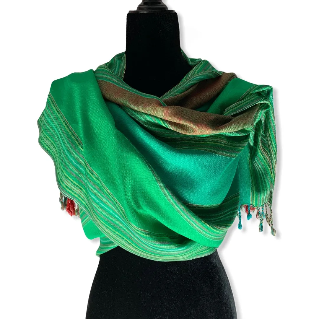 Striped Handwoven Scarf - Green & Turquoise