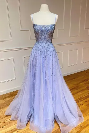 Stylish Tulle Pearl Long Prom Dresses A-Line Backless Evening Party Dresses