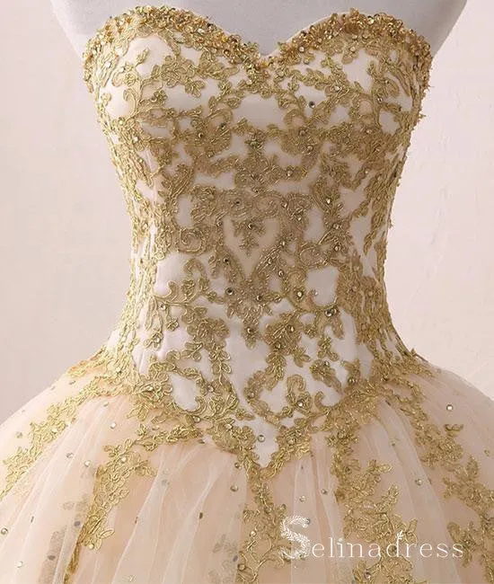 Sweetheart Ball Gown Princess Long Prom Dresses Gold Formal Gowns Evening Dress SED025
