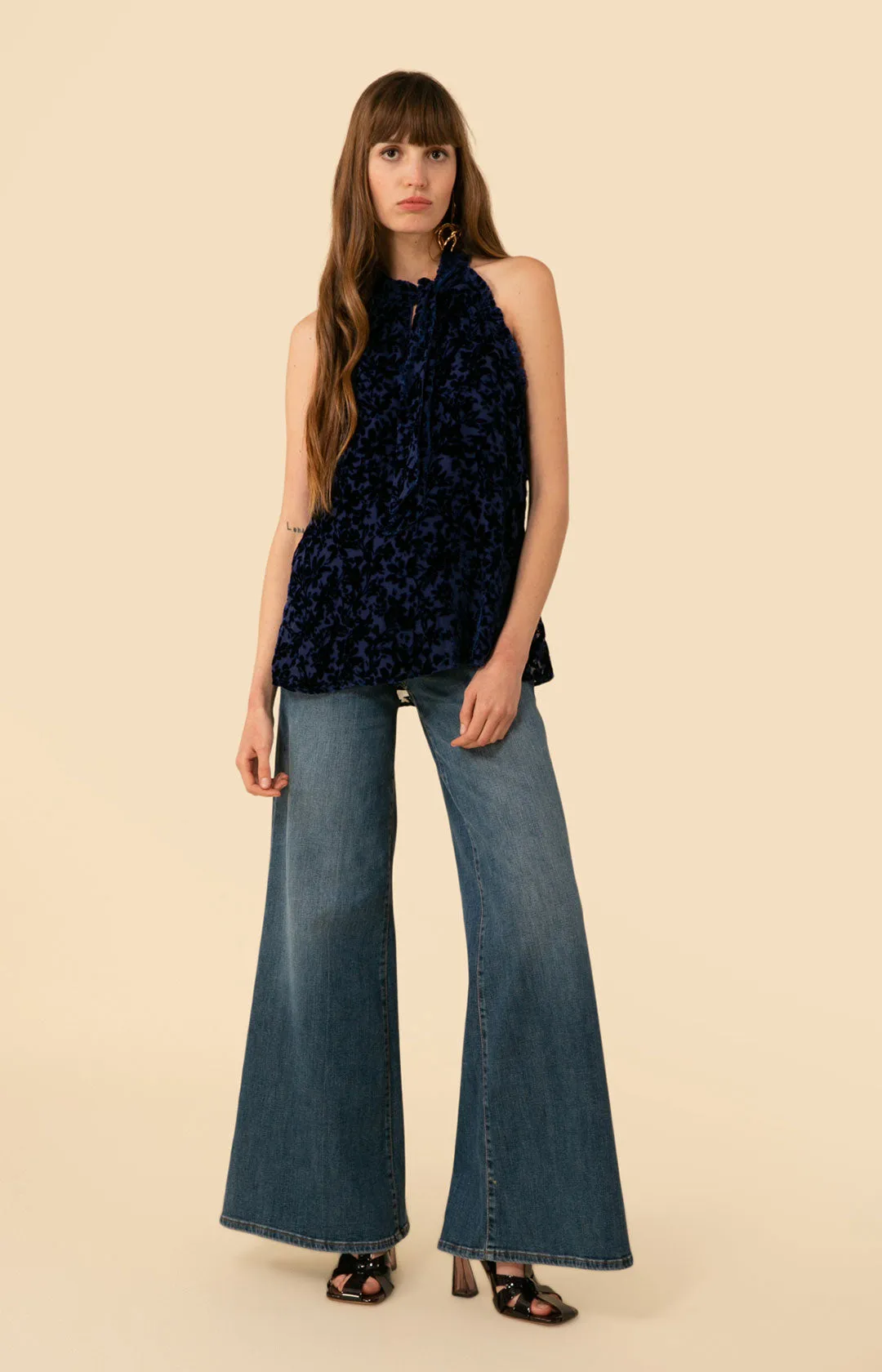 Thais Solid Halter Velvet Burnout Top