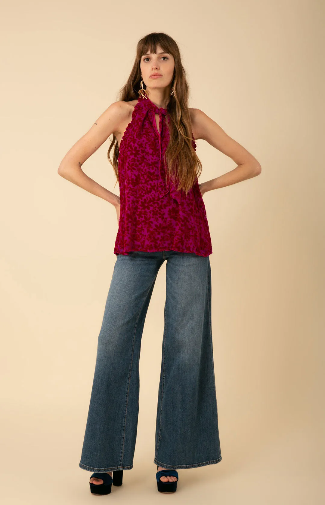 Thais Solid Halter Velvet Burnout Top