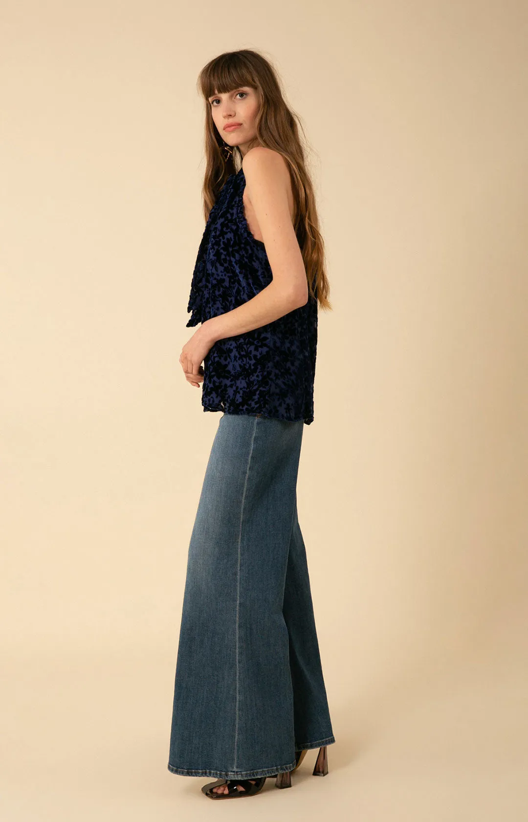 Thais Solid Halter Velvet Burnout Top