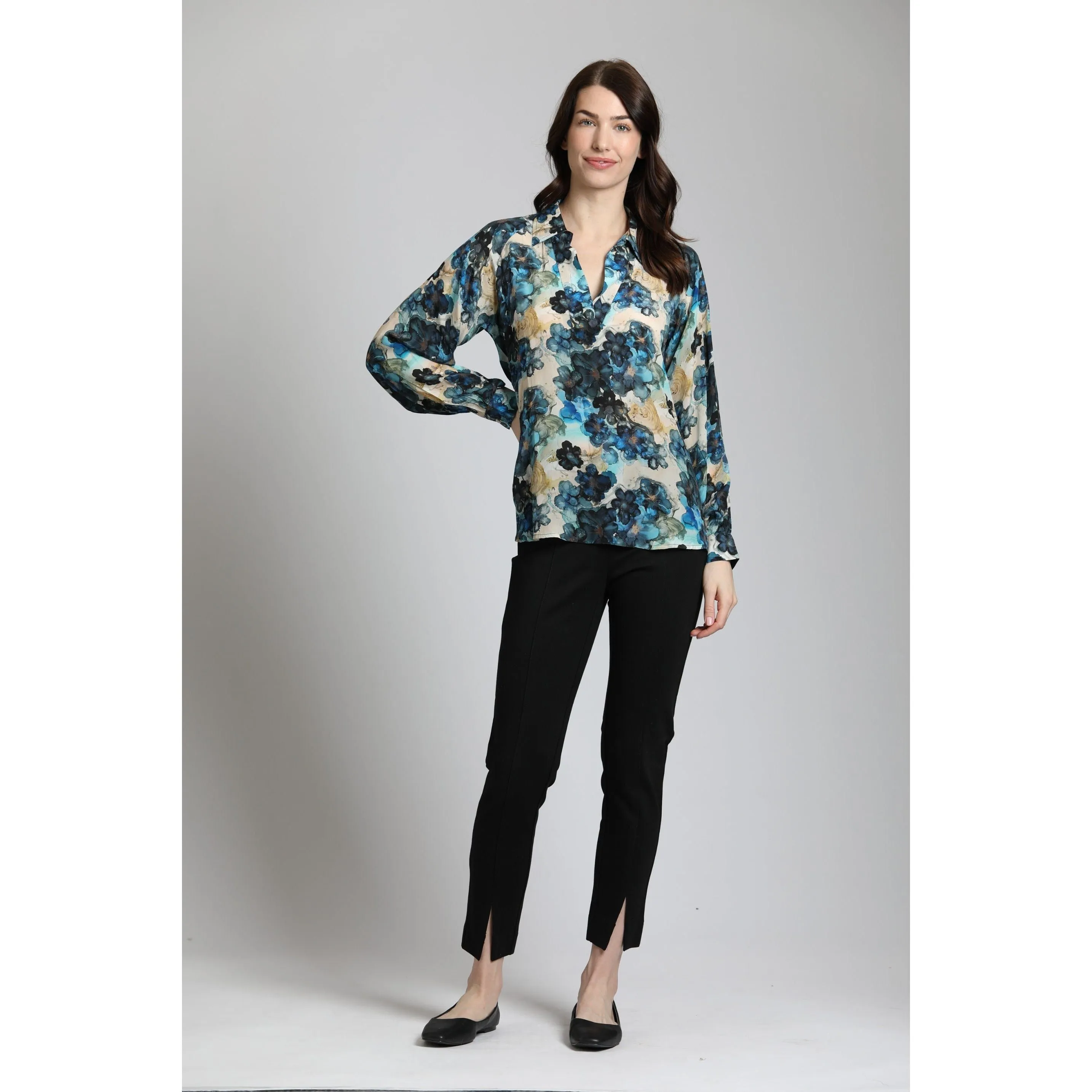 Watercolor Flowers Printed Half-Plaket Pullover Blouse