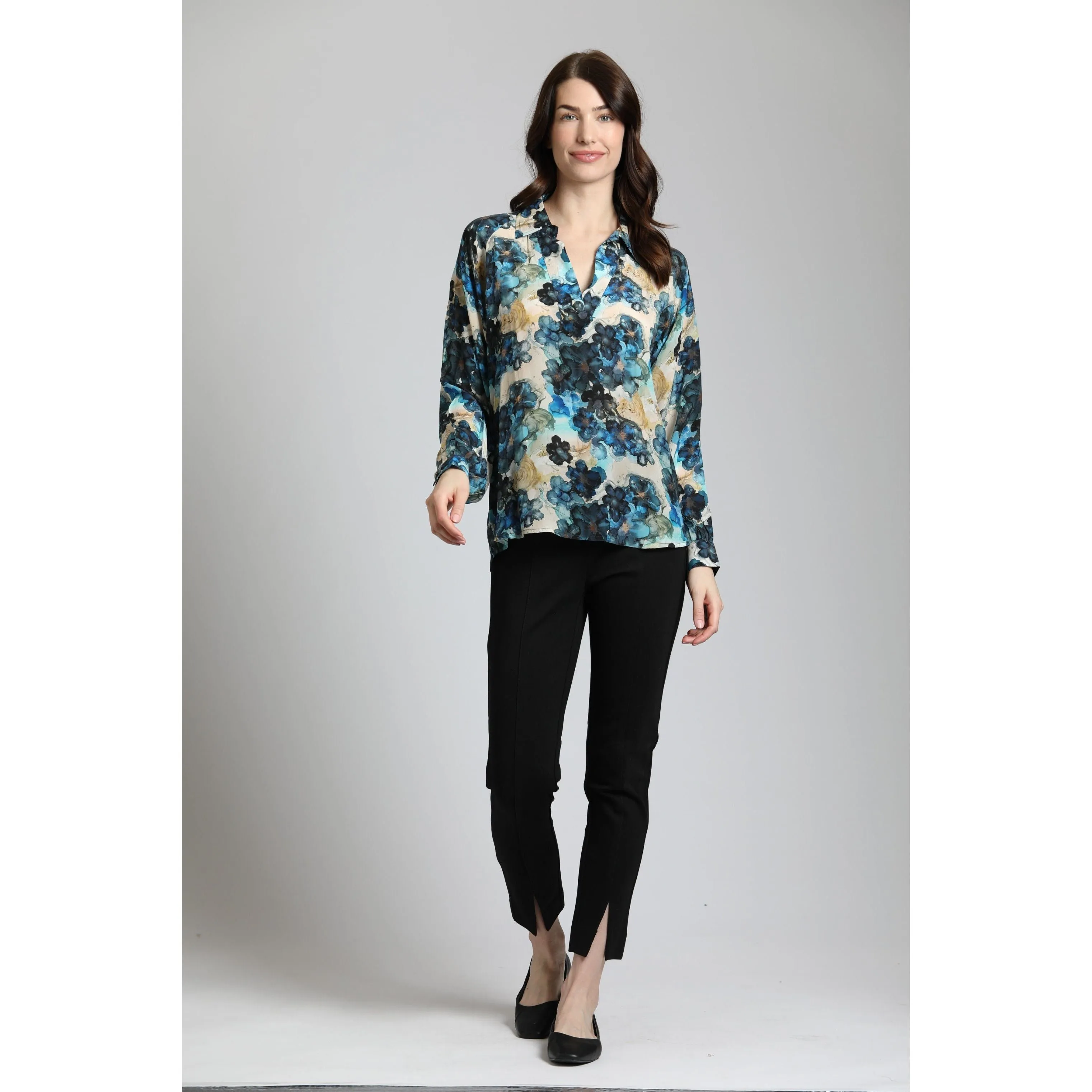 Watercolor Flowers Printed Half-Plaket Pullover Blouse
