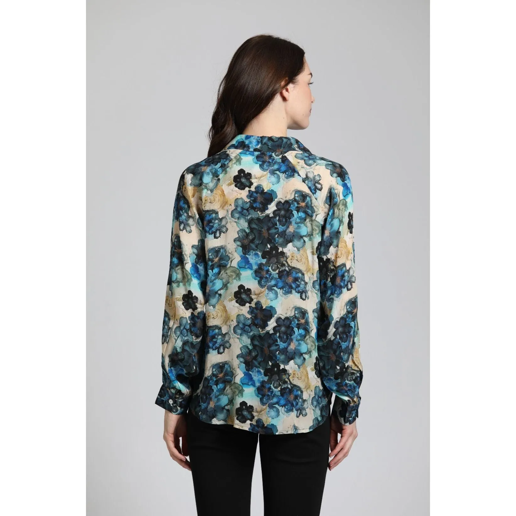 Watercolor Flowers Printed Half-Plaket Pullover Blouse