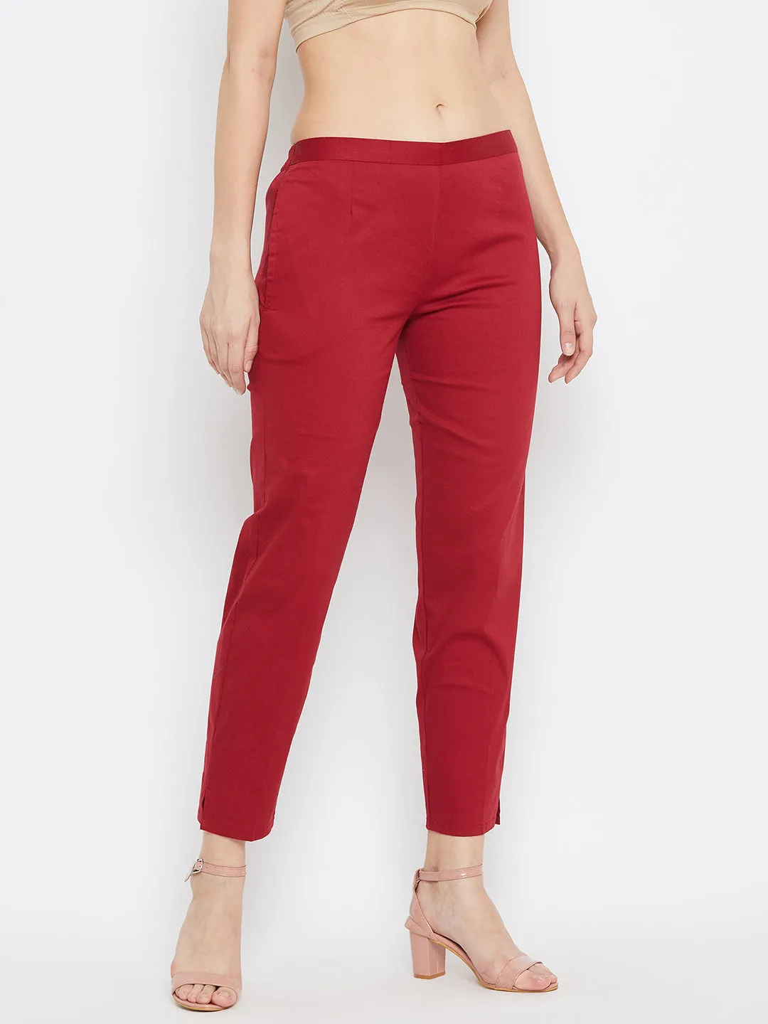 Women Maroon Regular Fit Solid Pants