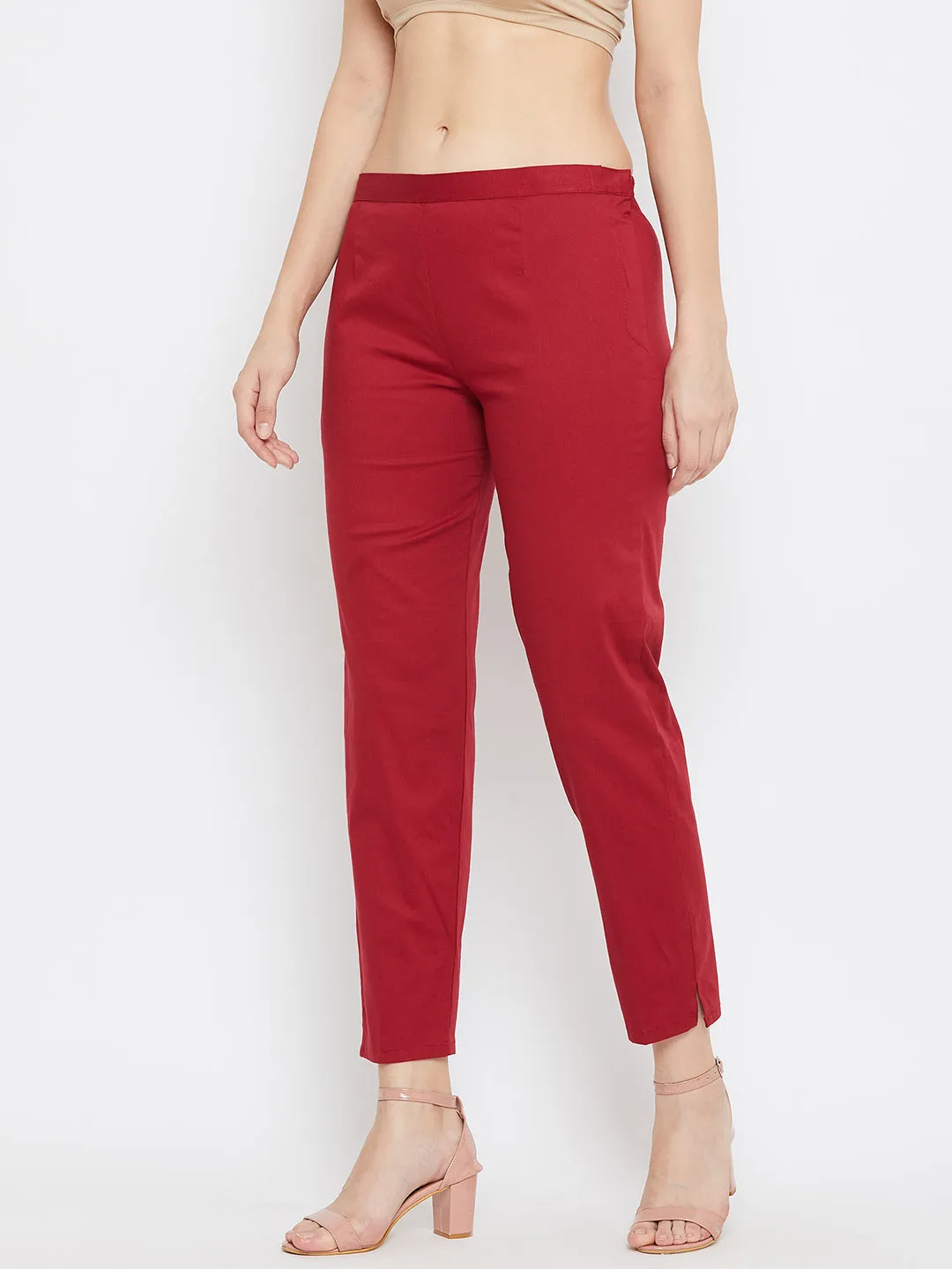 Women Maroon Regular Fit Solid Pants