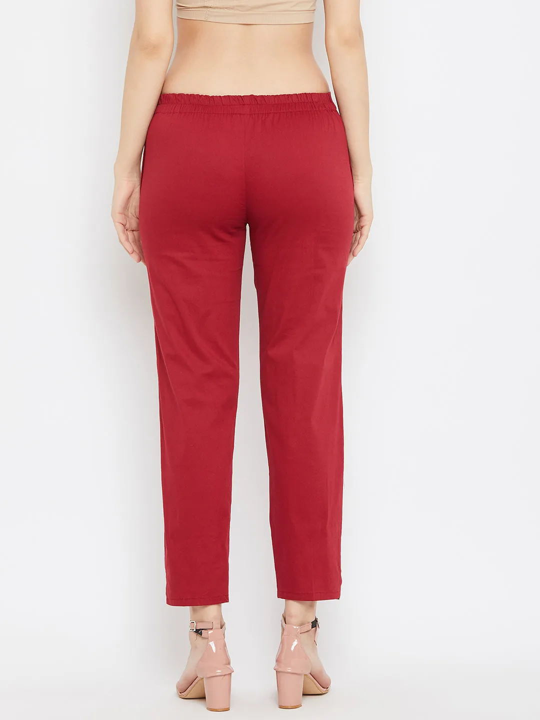 Women Maroon Regular Fit Solid Pants