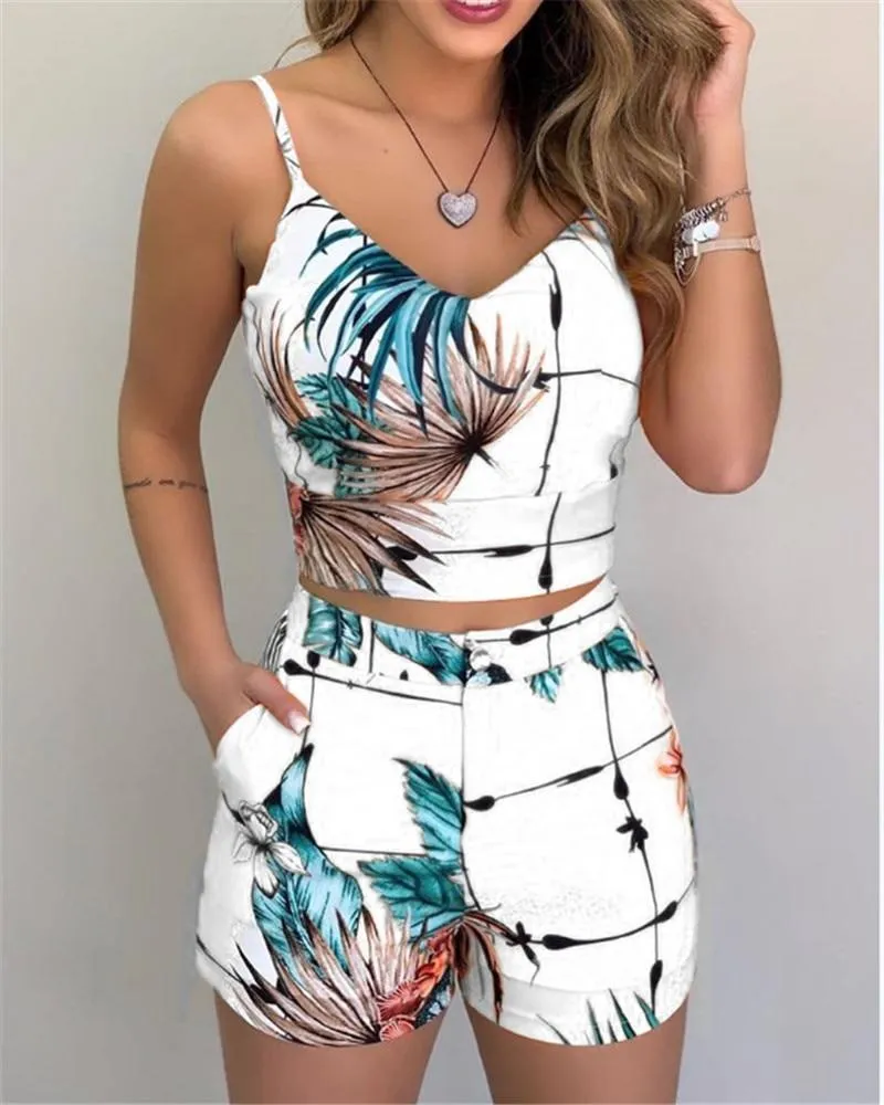 Women Summer 2-Piece Sleeveless Print Top and Shorts Set