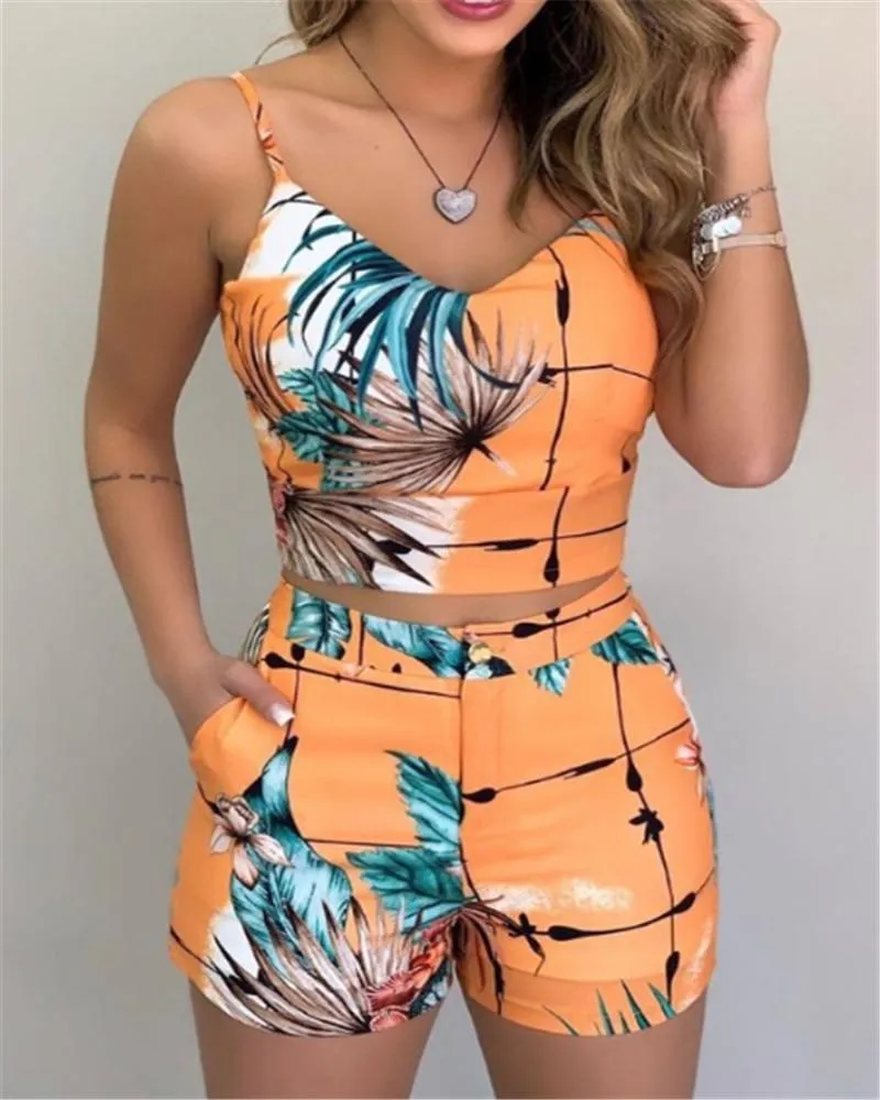 Women Summer 2-Piece Sleeveless Print Top and Shorts Set