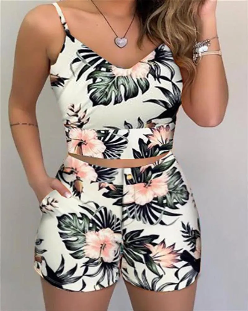 Women Summer 2-Piece Sleeveless Print Top and Shorts Set