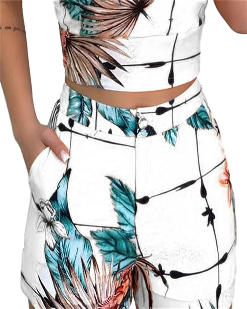 Women Summer 2-Piece Sleeveless Print Top and Shorts Set