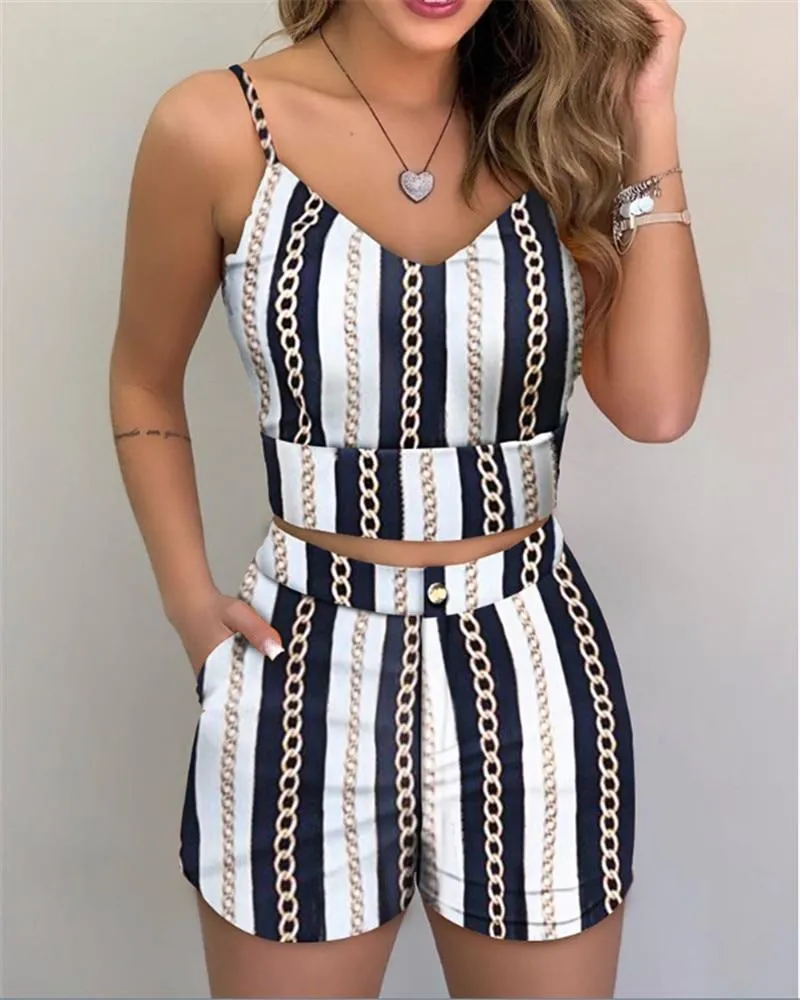 Women Summer 2-Piece Sleeveless Print Top and Shorts Set